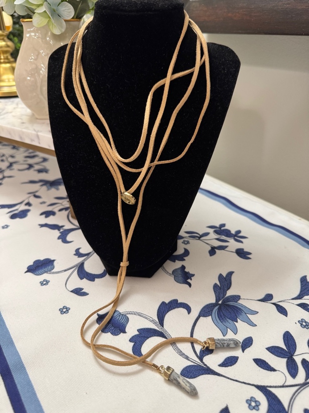 Tan Suede Lariat Necklace with Stone Accents